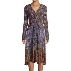 Delfi Collective Dress Pleated Plisse Mixed Prints Fall Colors Long Sleeves Sz M